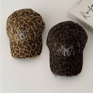 Adjustable Brown & Black Cheetah Print Rhinestone Bowknot Baseball Cap OS New